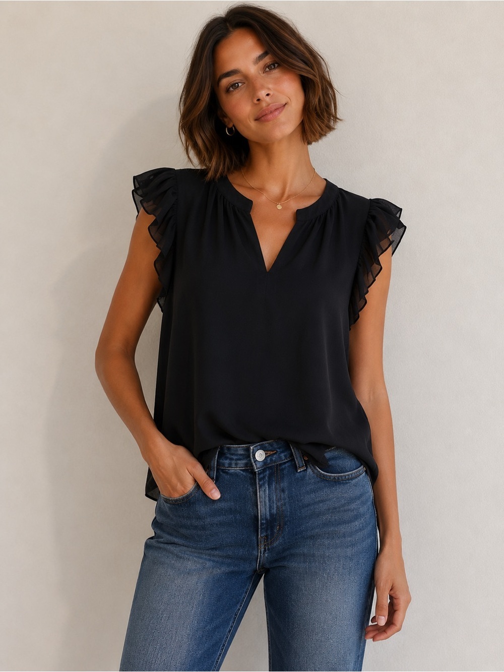 T Tahari Black Flutter Sleeve Split-Neck Blouse